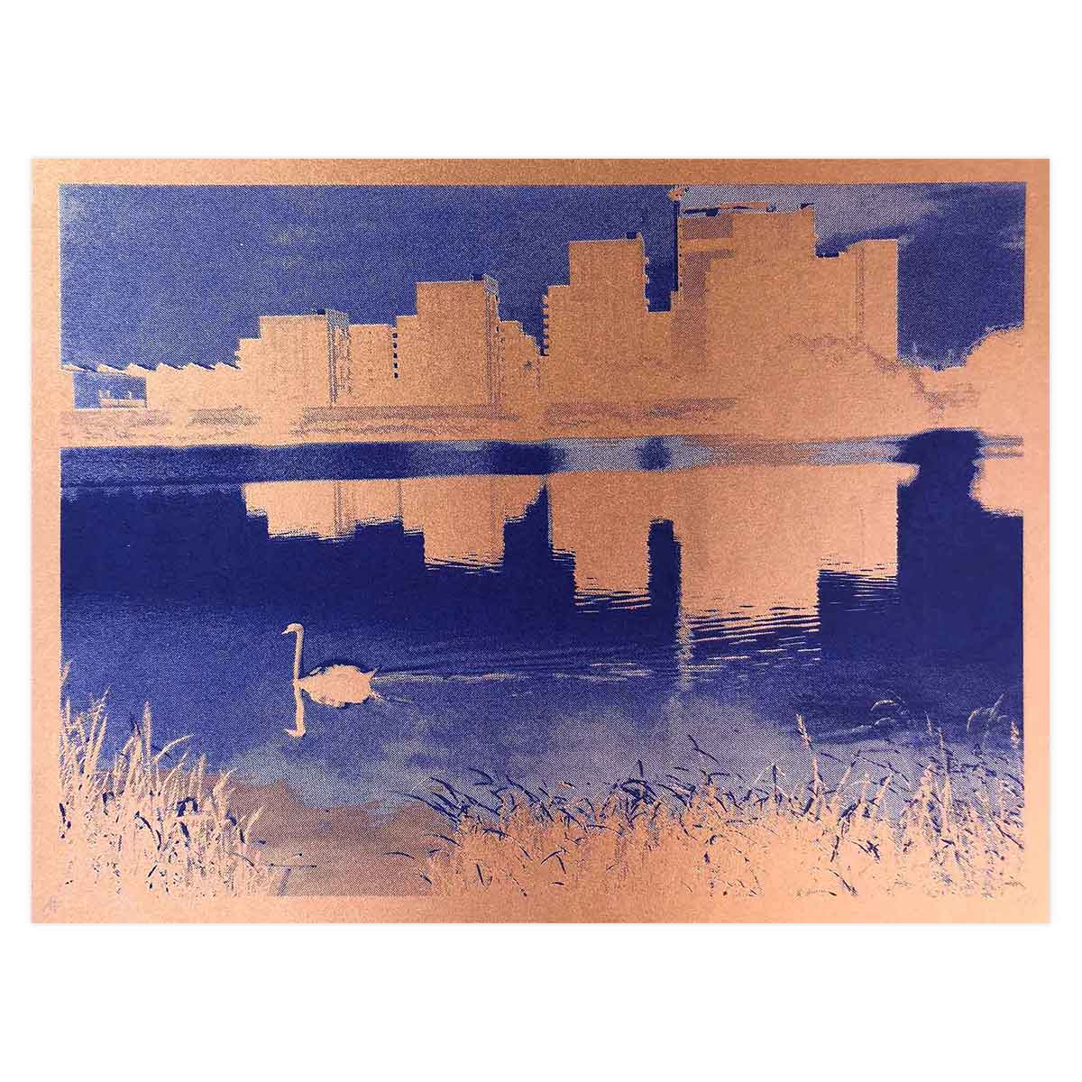 dark blue print on a copper background of a swan swimming on a lake with buildings in the background