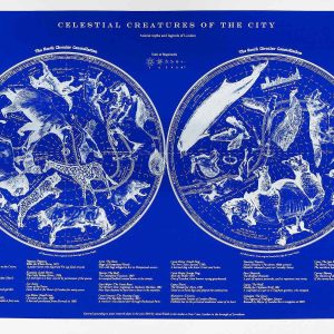 White outline drawing on animals in two circles with the title celestial creatures of the city written above and smaller test describing the animals below