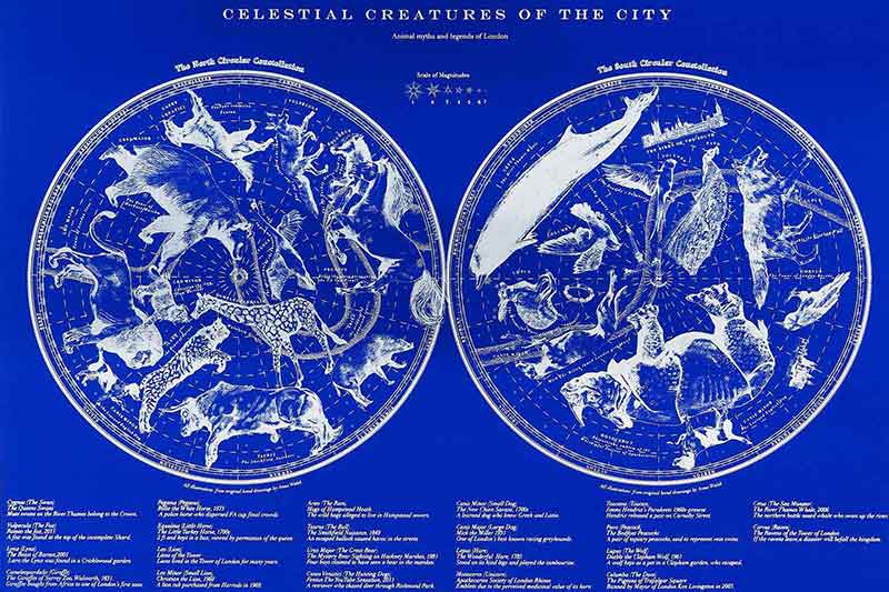 Deep blue screen print of London themed animal myths and legends in circular celestial themed maps