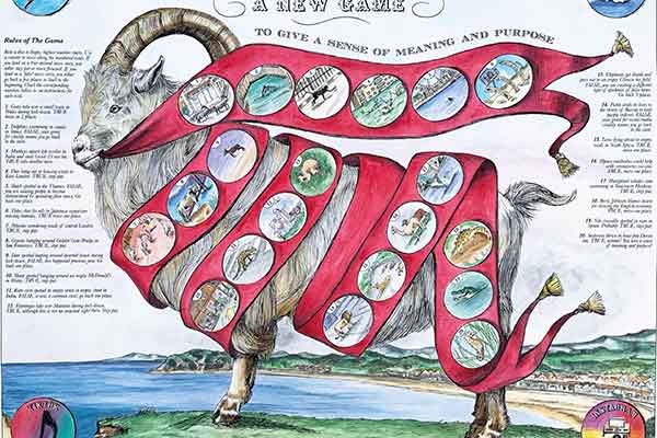 "Illustrated board game featuring a goat with a red ribbon path displaying circular images of activities and symbols. The setting is a coastal landscape, suggesting a whimsical and adventurous theme."