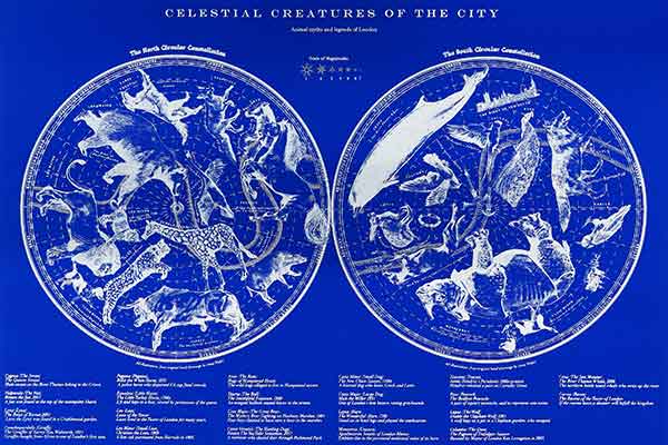 A white drawing on a dark blue back ground of two circles containing drawings of animals inside them in the style of a celestial map
