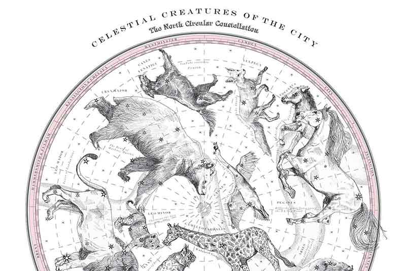 Print of a circular celestial map of the skies, featuring animal myths and legends of London