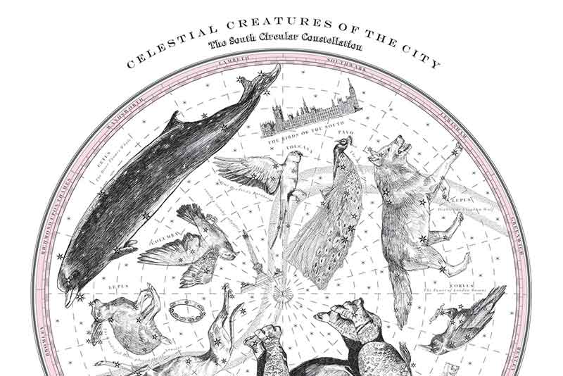 A circular star map illustration labeled "Celestial Creatures of the City" shows various animals and city landmarks depicted as constellations.
