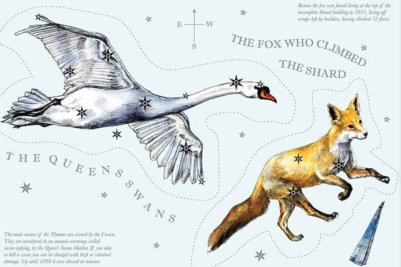 Illustration of a swan and a fox, each marked with stars, labeled "The Queen's Swans" and "The Fox Who Climbed The Shard" on a map-like background with a compass rose.